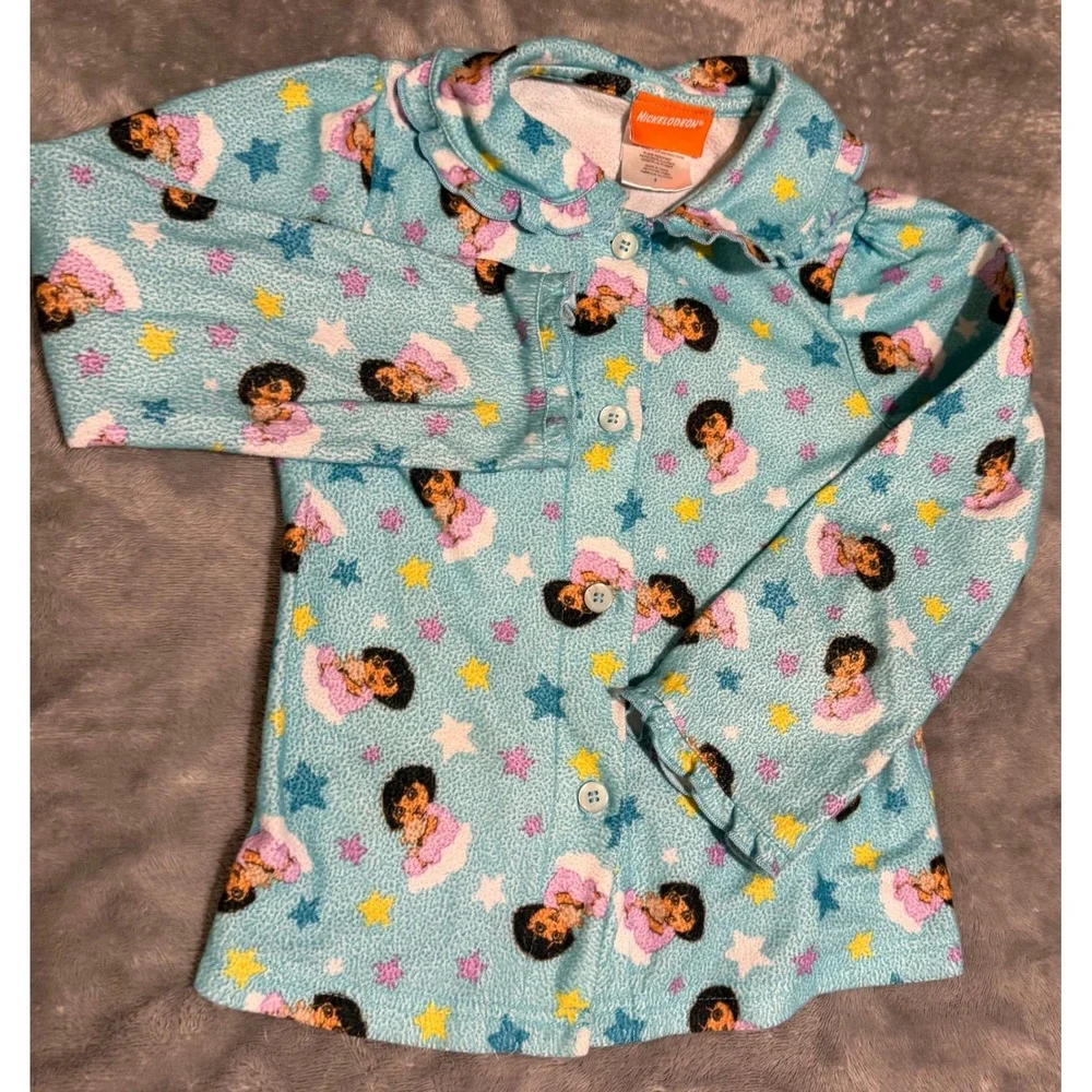 Nickelodeon Dora the Explorer Girls Pajama Set Blue Fleece Stars Ruffle Size 6